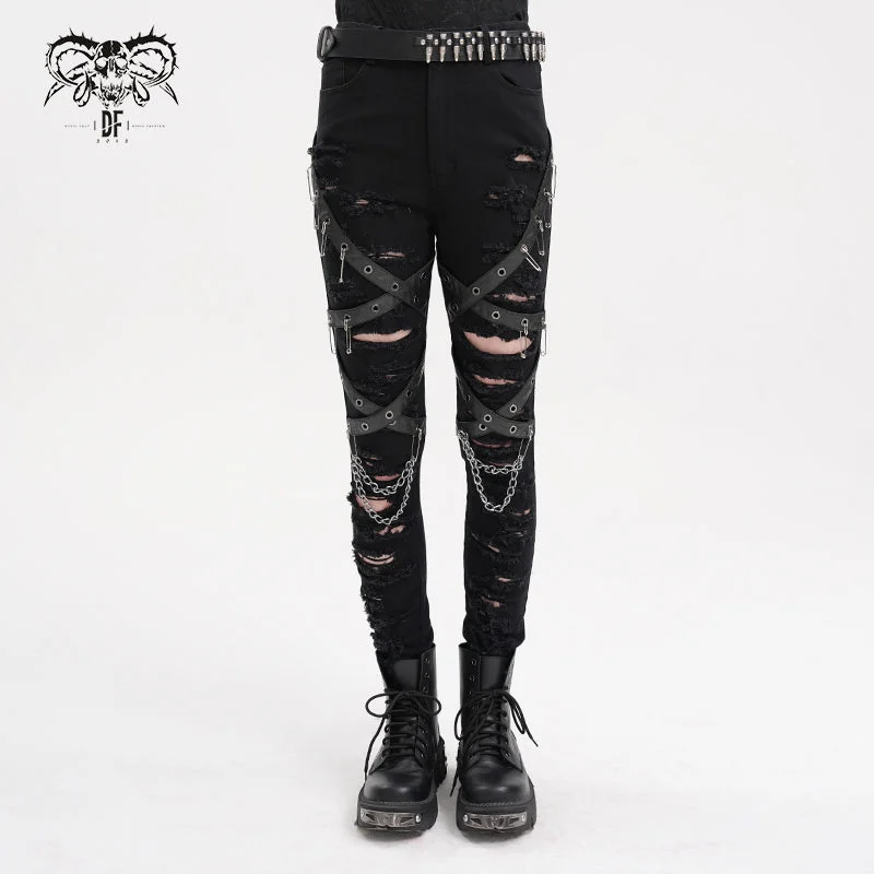 Women's Punk Ripped Eyelets Chains Pants