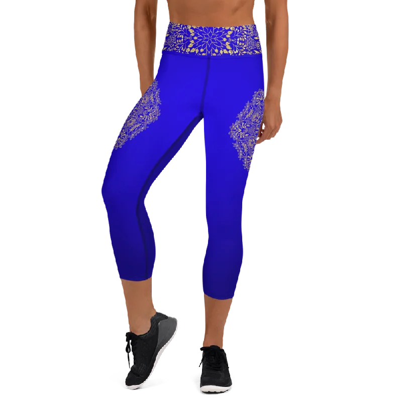 Blue and Gold Mandala High Waist Yoga Capri Leggings