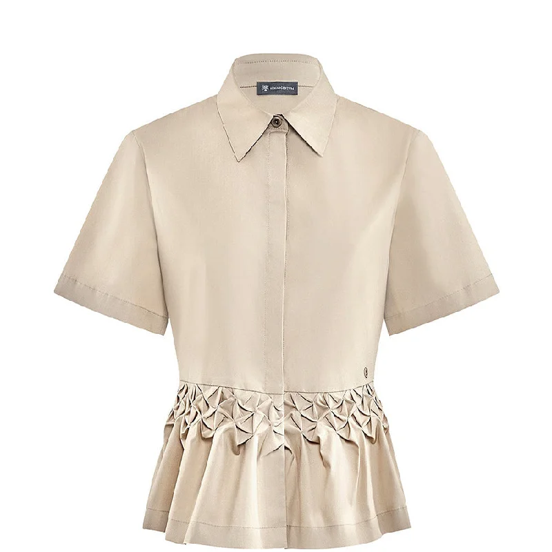 SHORT SLEEVED BLOUSE "HELOISE" WITH SMOCKED DETAILS IN BEIGE