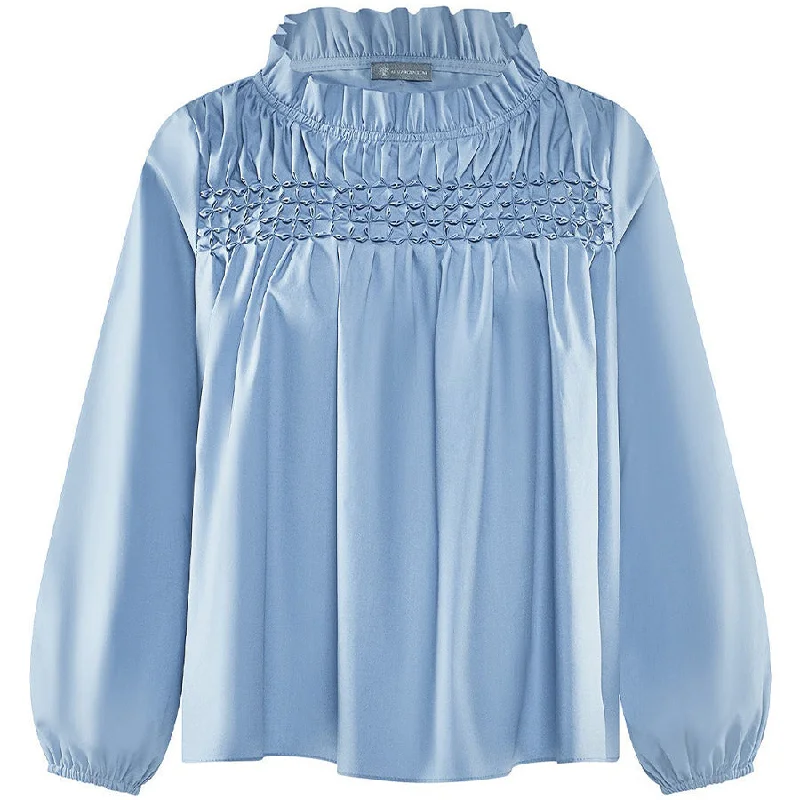 BLUE "IRMA" BLOUSE WITH STAND-UP COLLAR, RUFFLES, AND FLORAL SMOCKING