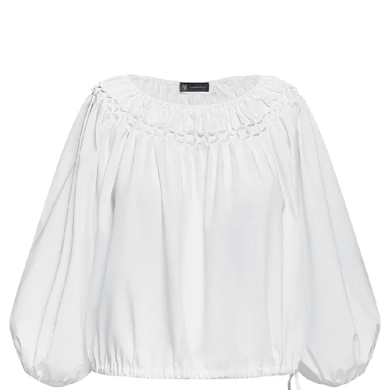 WHITE "ISALIE" BLOUSE WITH MINIMALIST FLORAL SMOCKING