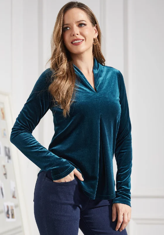 LuxeVelvet Pleated V-Neck Top (Dark Ocean)