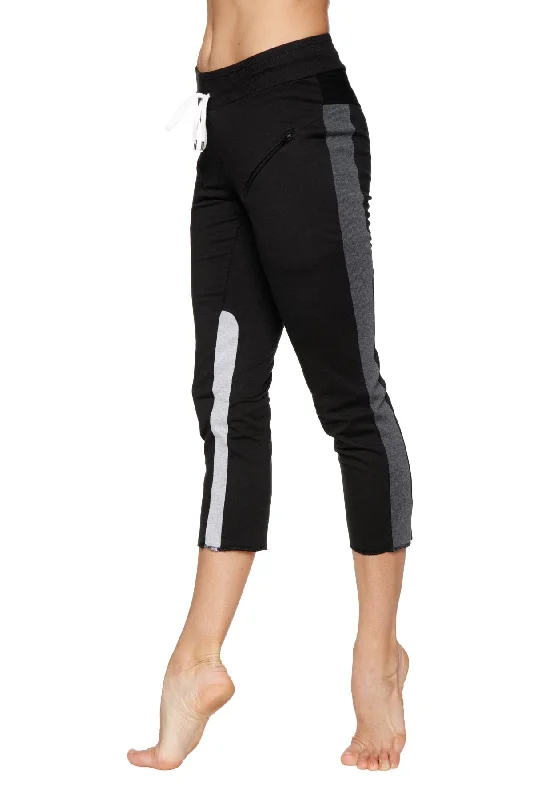 Women's 4/5 Length Zipper Pocket Capri Yoga Pant (Black w/Charcoal & Grey)