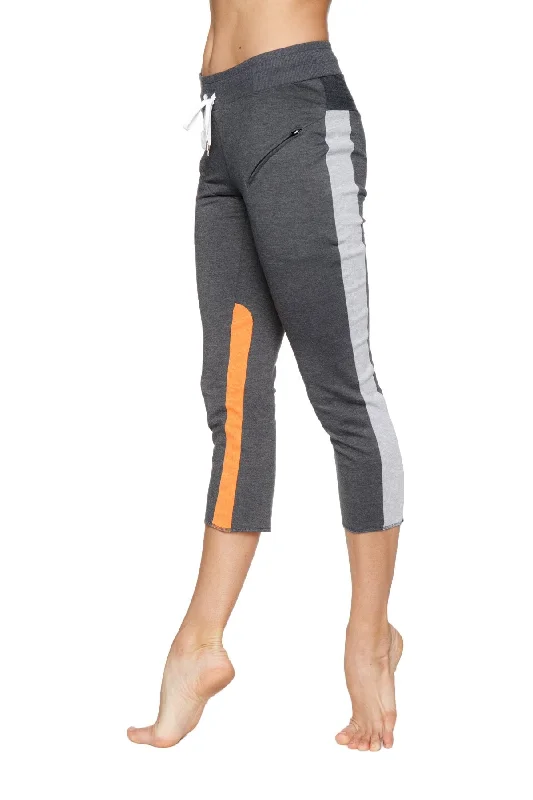 Women's 4/5 Length Zipper Pocket Capri Yoga Pant (Charcoal w/Grey & Orange)