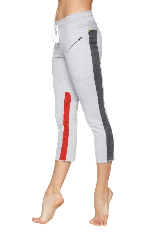 Women's 4/5 Length Zipper Pocket Capri Yoga Pant (Grey w/Charcoal & Red)