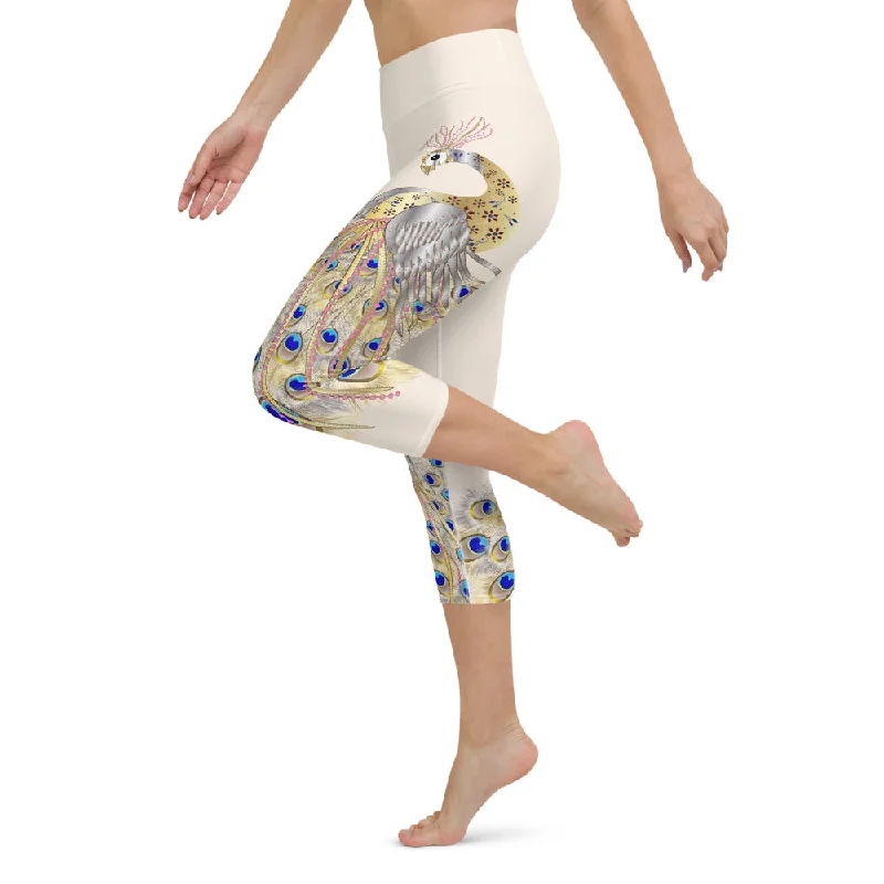 Peacock Cream High Waist Yoga Capri Leggings