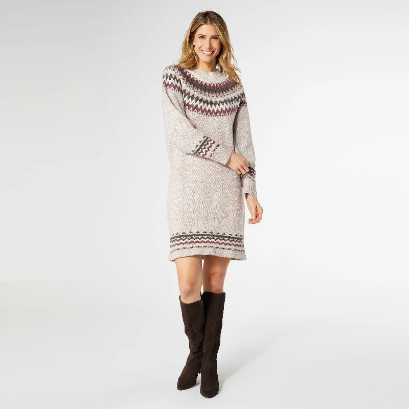 Fair Isle Sweater Dress - Taupe/Cream/Wine