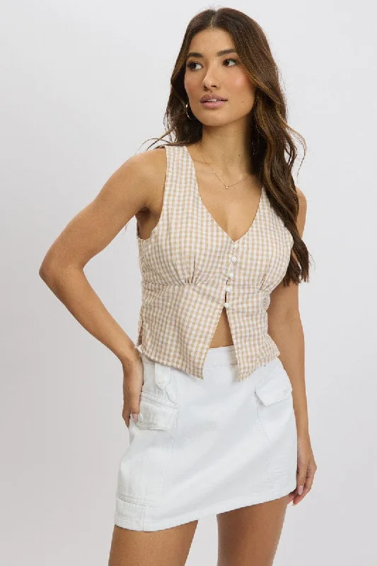 Beige Check Sleeveless Top Open Front