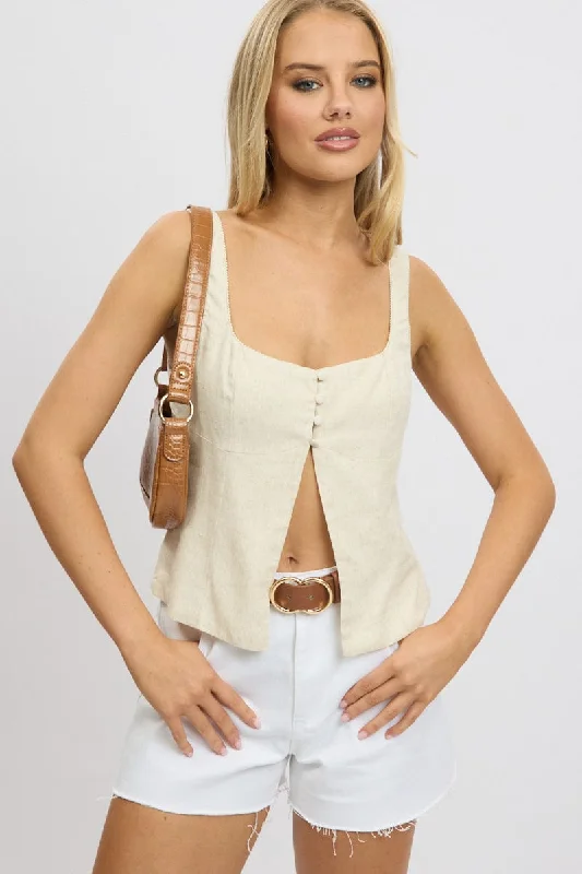 Beige Open Front Top Sleeveless Linen Blend