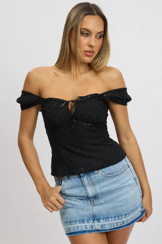 Black Eyelet Top Short Sleeve