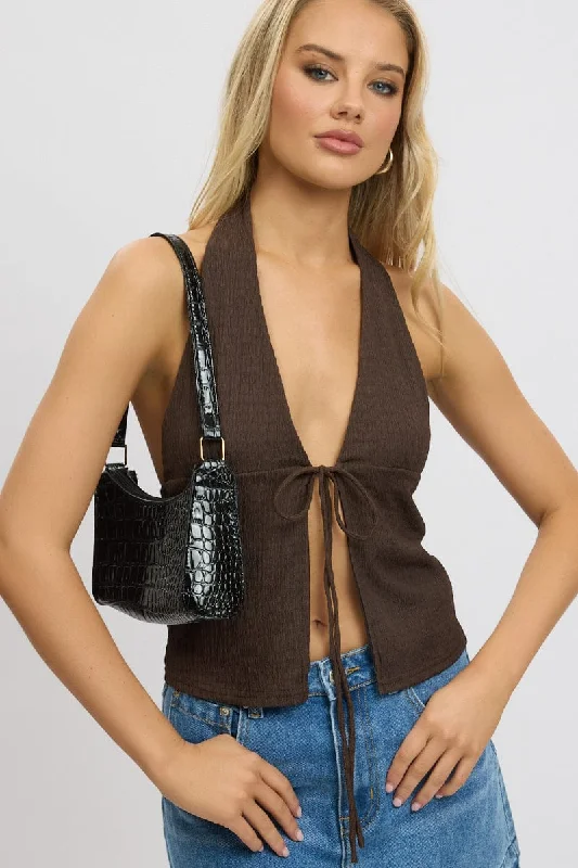 Brown Textured Top Halter Neck Tie Up Front