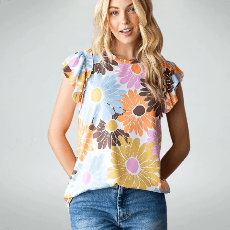 Flutter Sleeve Big Daisies Colorful Top Made in USA