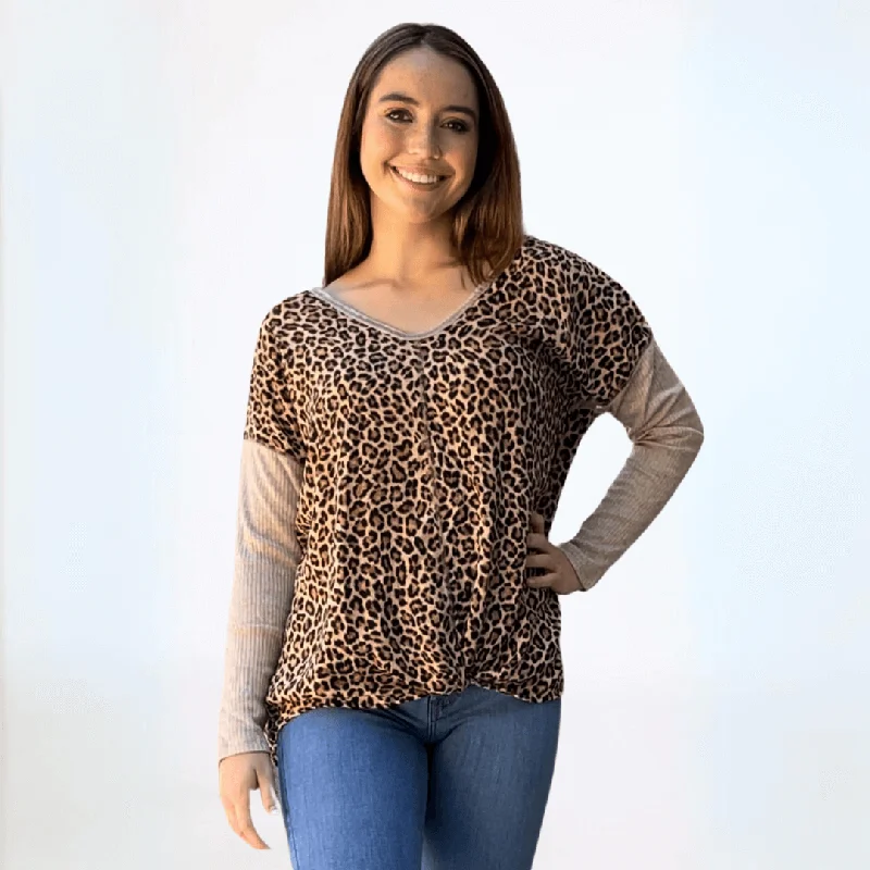 Double V-Neck Animal Print Knot Front Top Made in USA - Clearance Final Sale