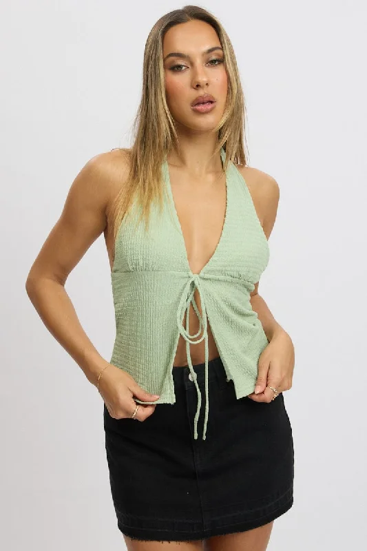 Green Textured Top Halter Neck Tie Up Front