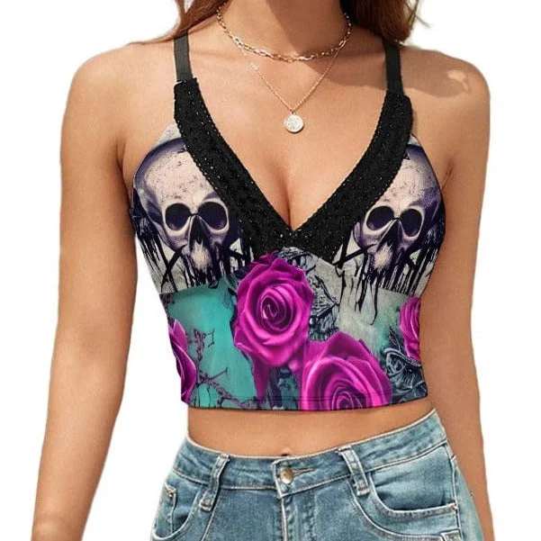 Ladies Skull Pink Roses V-Neck Tank Top