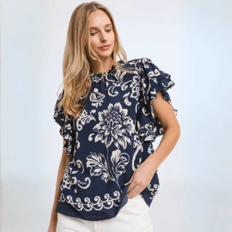 Navy Flutter Sleeve Top Made in USA