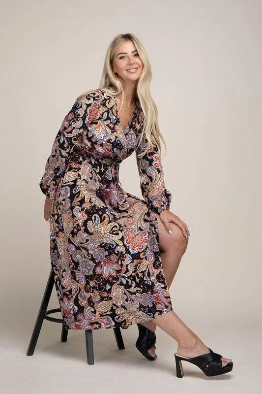 Paisley shirred waist long sleeve dress