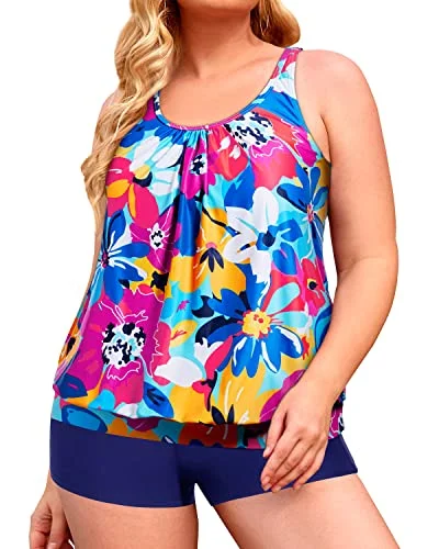 Plus Size Blouson Tankini Swimsuits for Women Swim Shorts Two Piece Bathing Suits