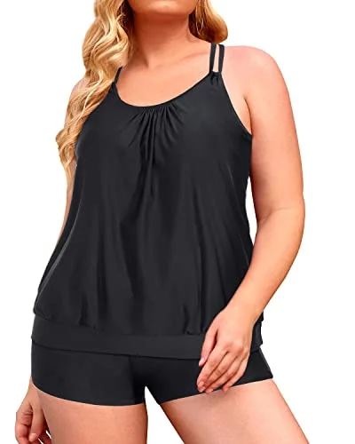 Plus Size Blouson Tankini Swimsuits Swim Shorts Two-Piece Bathing Suits for Women