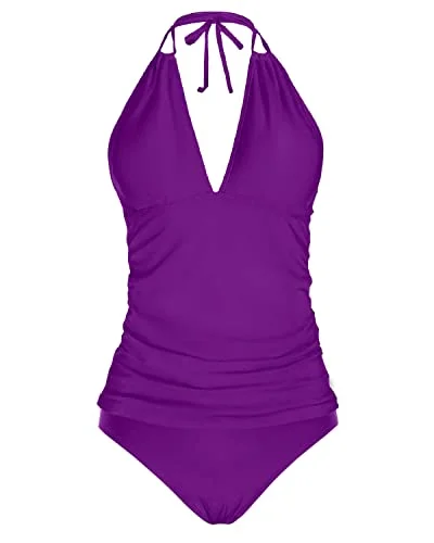 Plus Size Halter V Neck Tankini Double Strap Swimwear