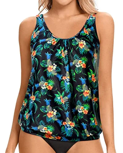 Tankini Tops Soft Paddings And Adjustable Straps-Black Pineapple