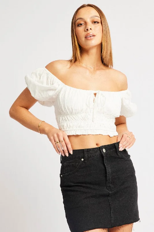 White Crop Top Short Sleeve Shirred Waist