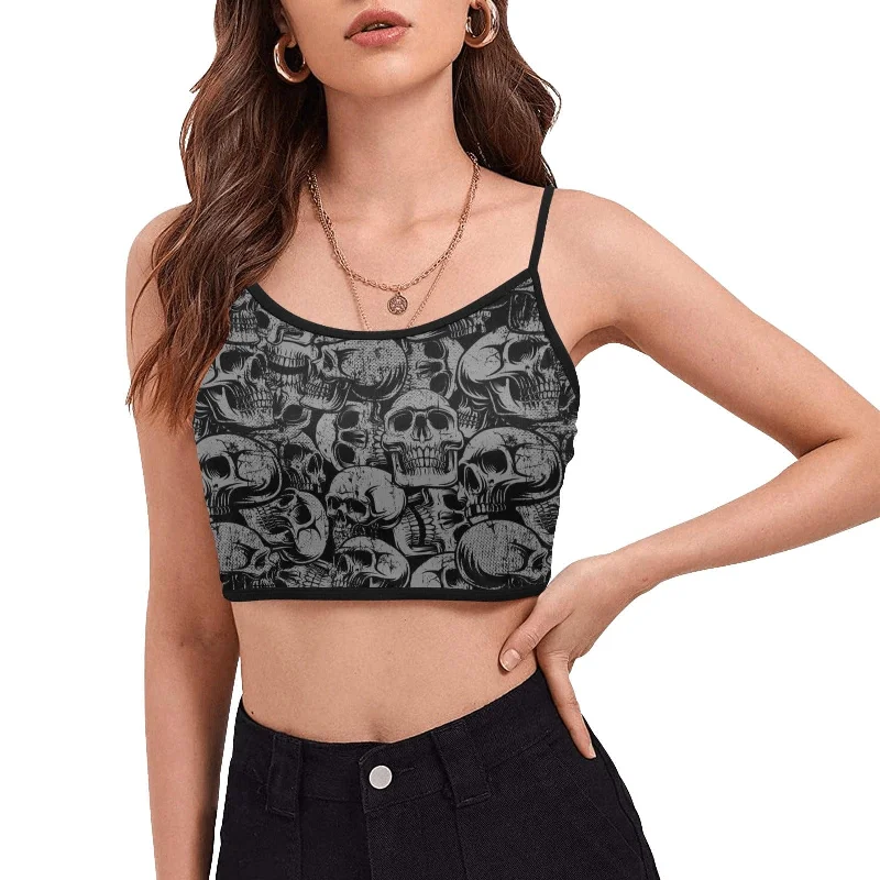 Women's Spaghetti Strap Crop Top Black Skulls Print