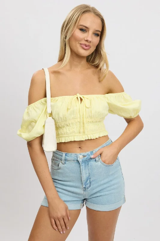 Yellow Crop Top Short Sleeve Shirred Waist