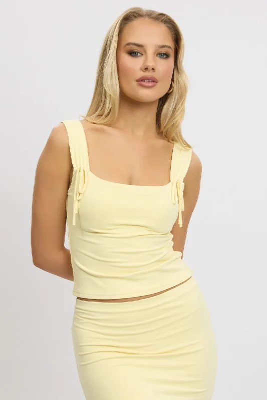 Yellow Crop Top Square Neck With Ribbons