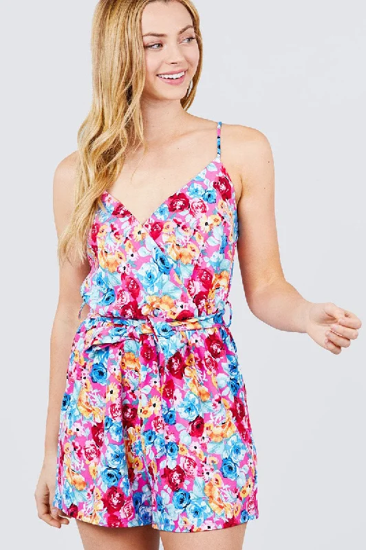 V-neck W/wrap Adjustable Spaghetti Straps Waist Belt Printed Knit Romper