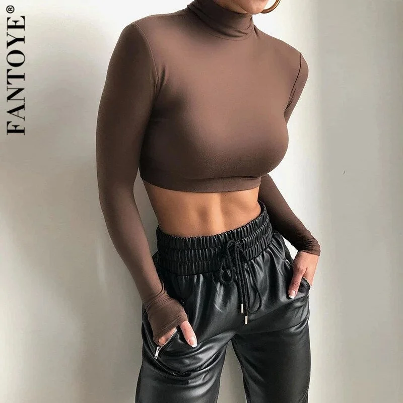 Awakecrm Turtleneck Basic Tshirt Woman Long Sleeve Solid Slim Short Tops Tees Femme Sexy Brown Skinny Harajuku Crop Top Clubwear