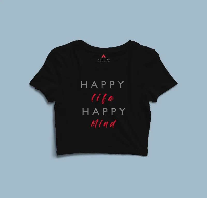 "HAPPY LIFE HAPPY MIND" - HALF-SLEEVE CROP TOPS