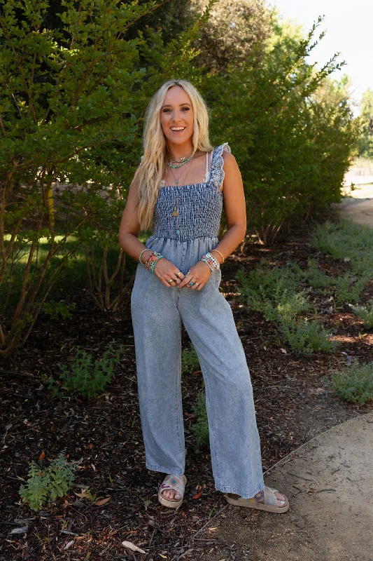 Sunset Soiree Eyelet Denim Jumpsuit - Denim