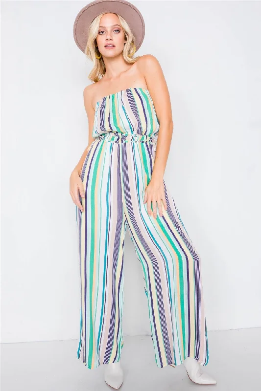 Green Multi Stripe Strapless Lightweight Wide Leg Jumpsuit